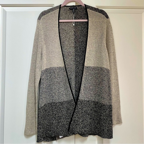 NWOT Eileen Fisher Wool Organic Linen Open Cardigan Sweater Colorblock Gray - Picture 1 of 16